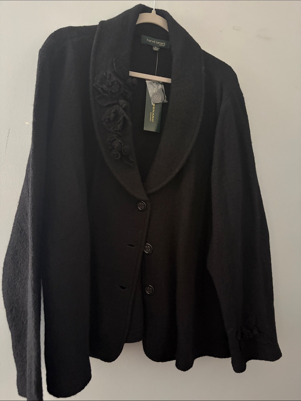 Harve Benard wool Black Shawl Collar Button Jacket with Floral Applique